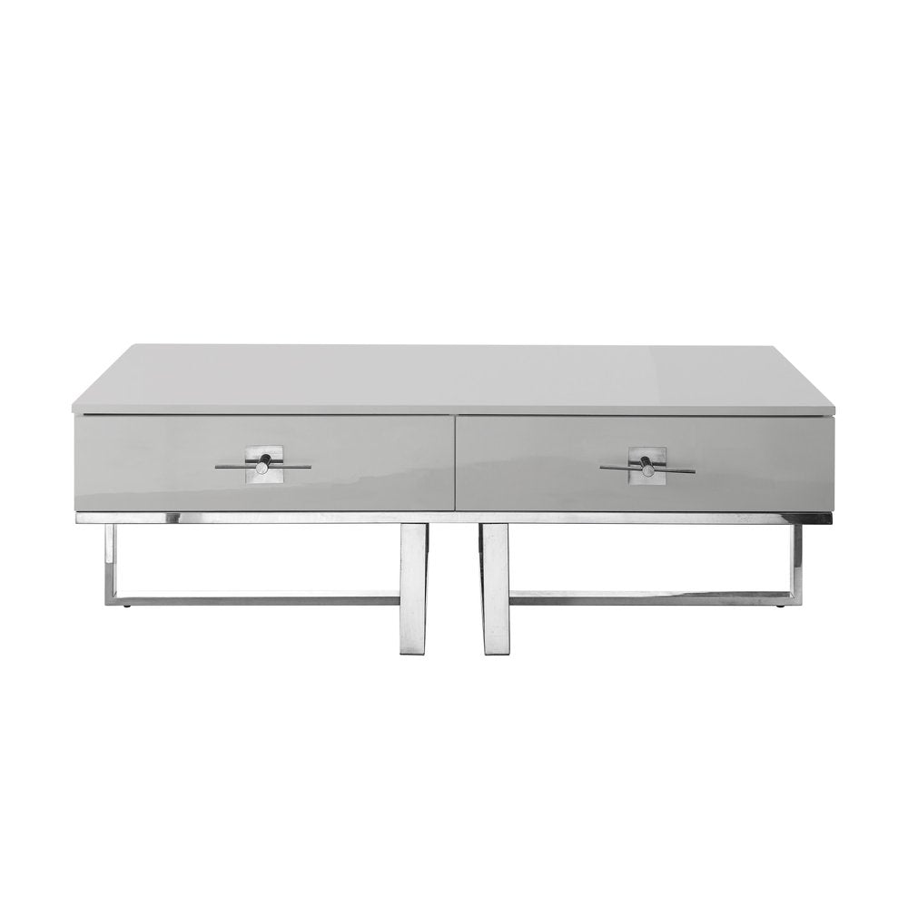 Light Gray and Silver Metallic Stainless Steel Coffee Table with Two Drawers