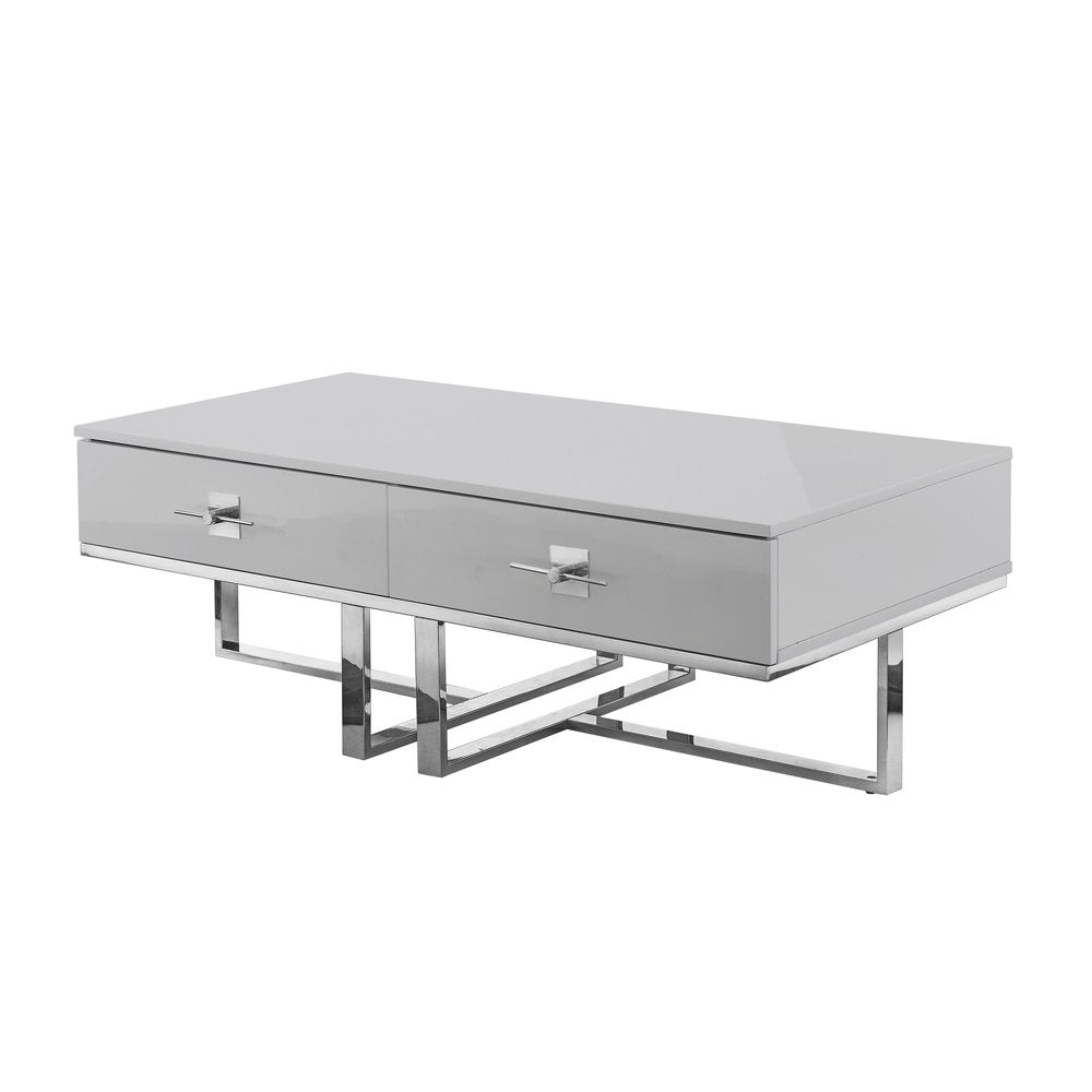 Light Gray and Silver Metallic Stainless Steel Coffee Table with Two Drawers