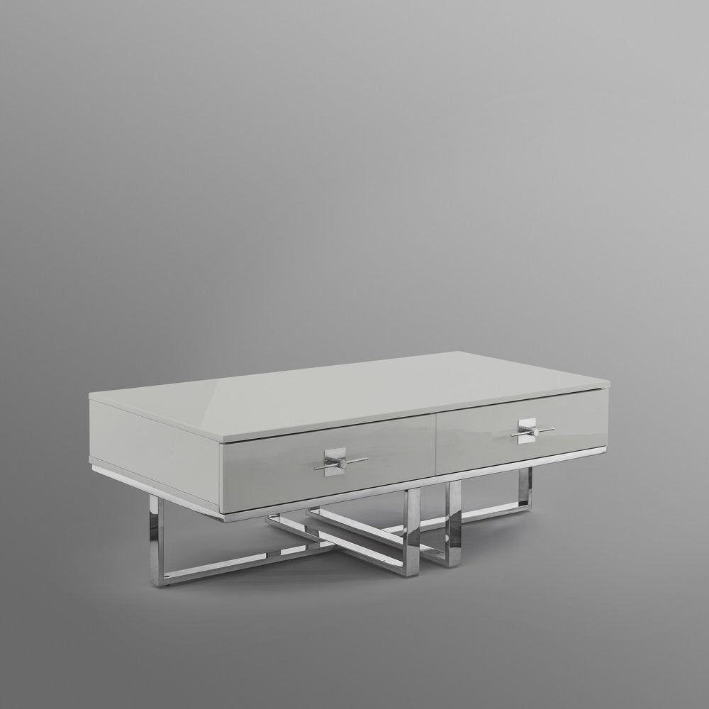 Light Gray and Silver Metallic Stainless Steel Coffee Table with Two Drawers