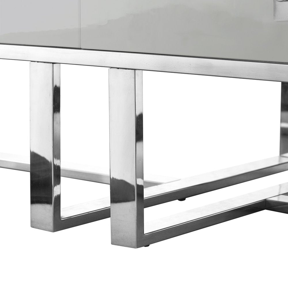 Light Gray and Silver Metallic Stainless Steel Coffee Table with Two Drawers
