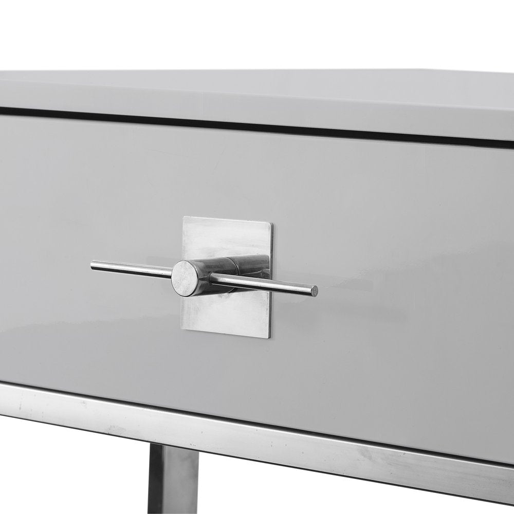 Light Gray and Silver Metallic Stainless Steel Coffee Table with Two Drawers