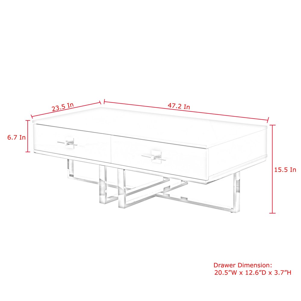 Light Gray and Silver Metallic Stainless Steel Coffee Table with Two Drawers