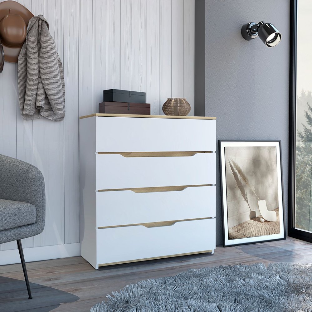 White and Natural Wood Four Drawer Dresser - 32-inch