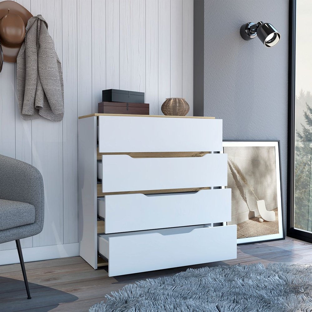 White and Natural Wood Four Drawer Dresser - 32-inch