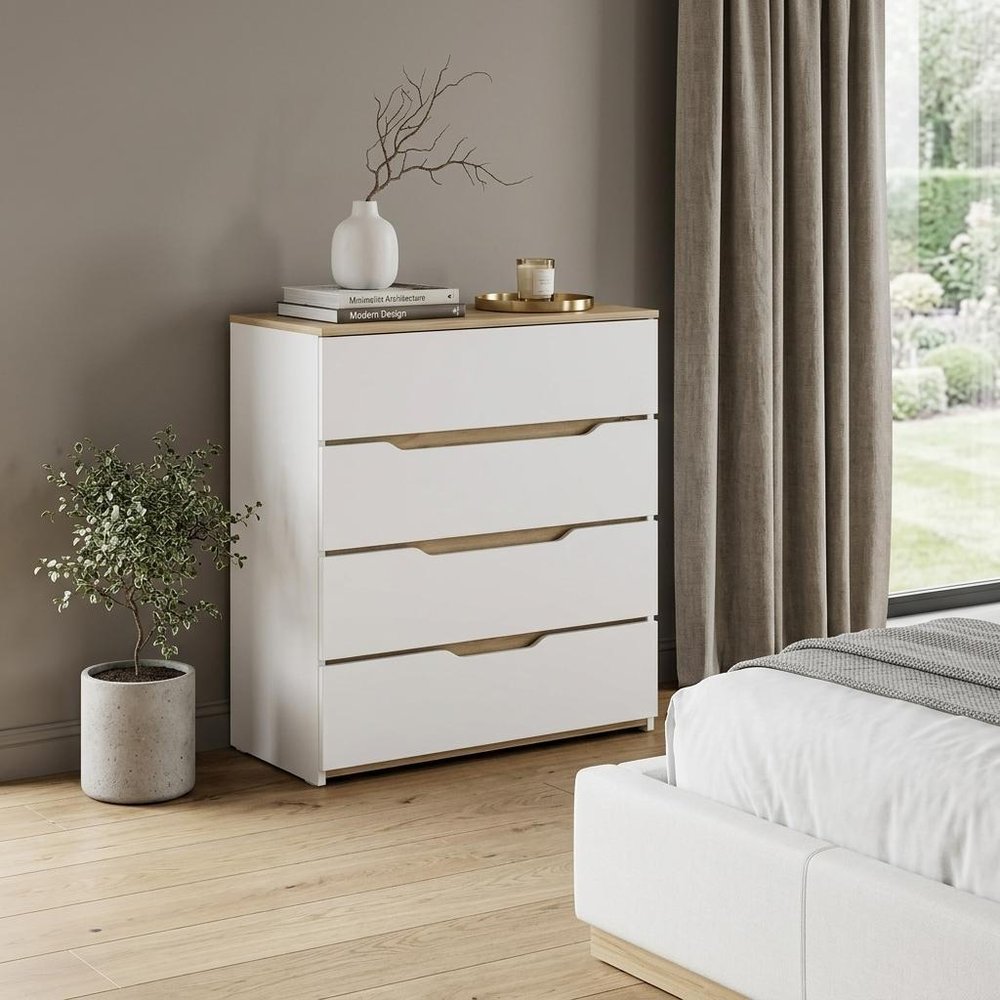 White and Natural Wood Four Drawer Dresser - 32-inch