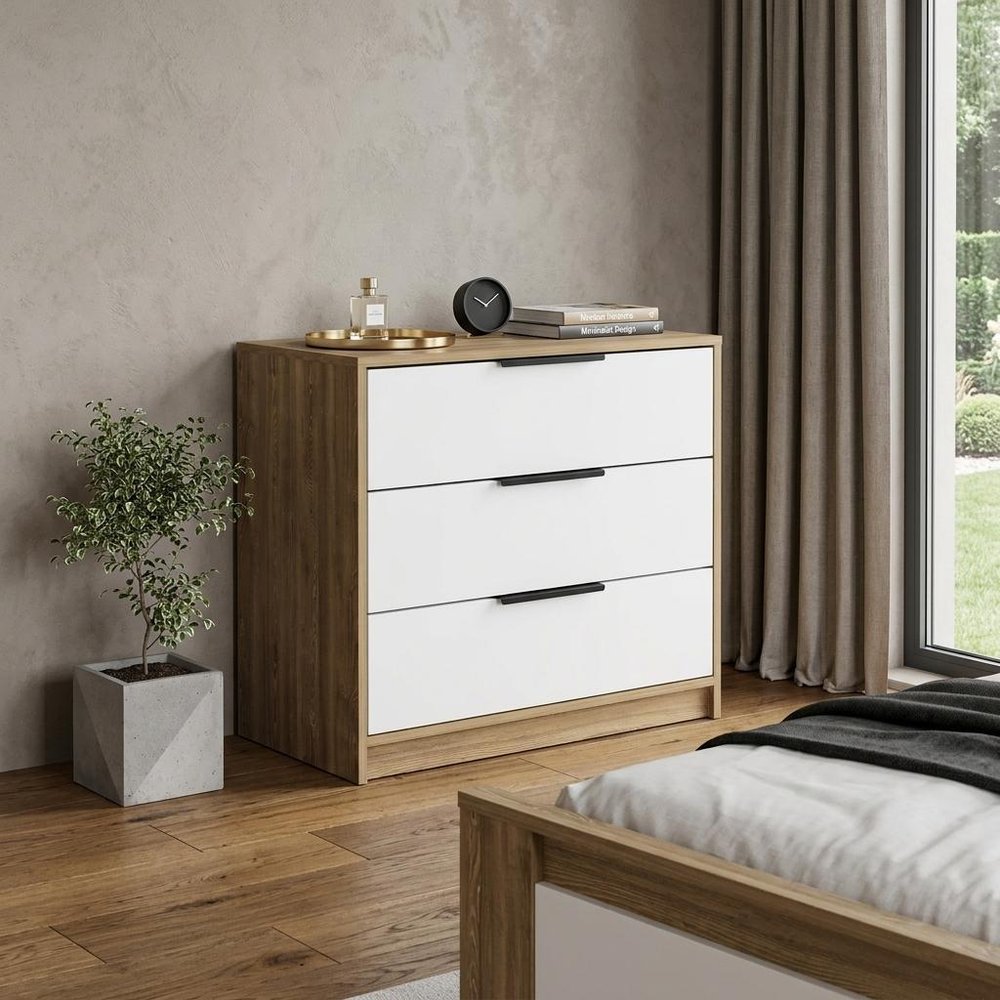 White and Natural Wood Three Drawer Dresser - 28-inch