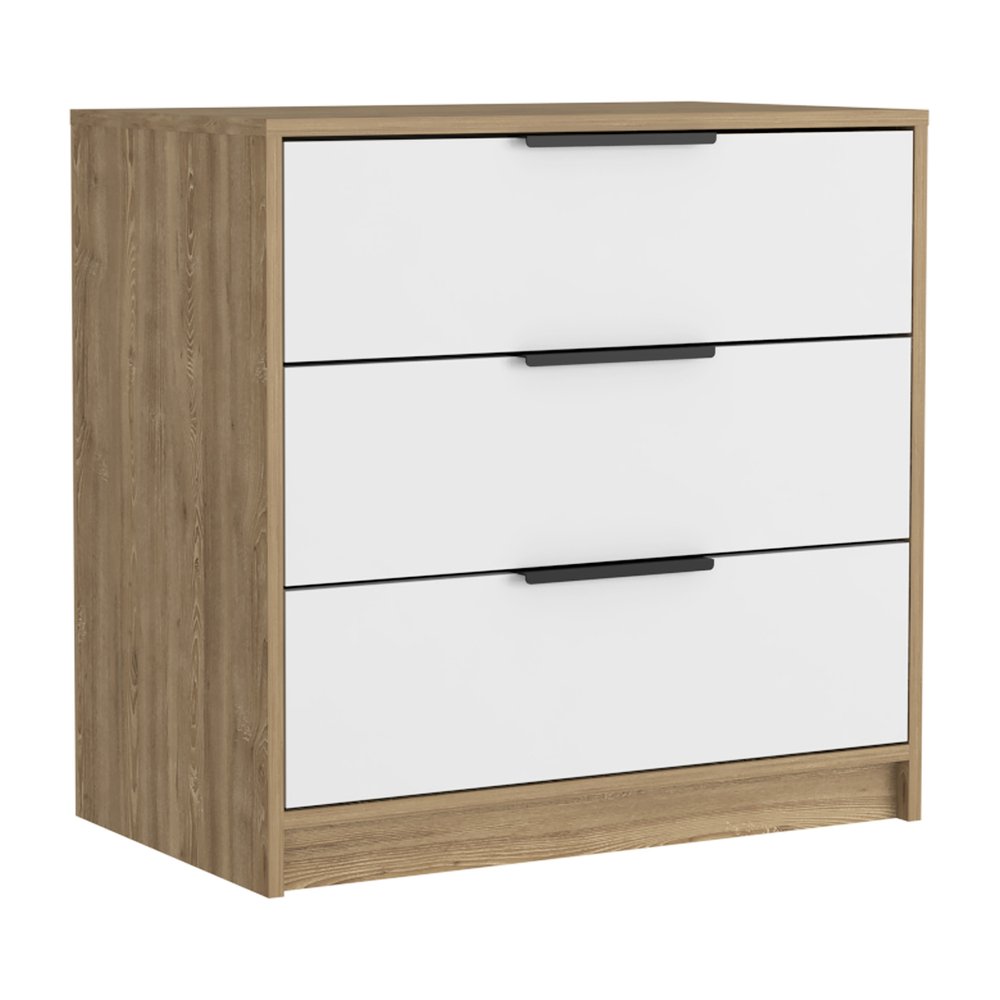 White and Natural Wood Three Drawer Dresser - 28-inch