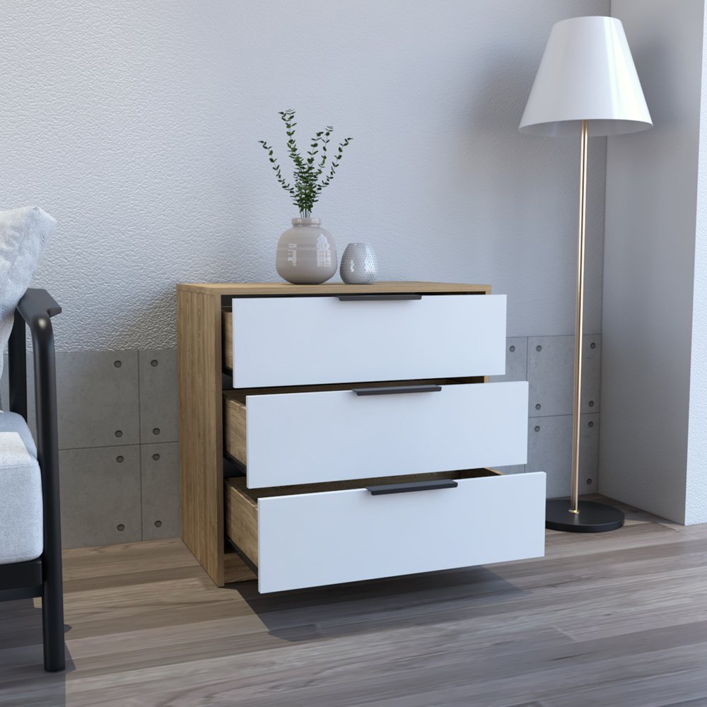 White and Natural Wood Three Drawer Dresser - 28-inch