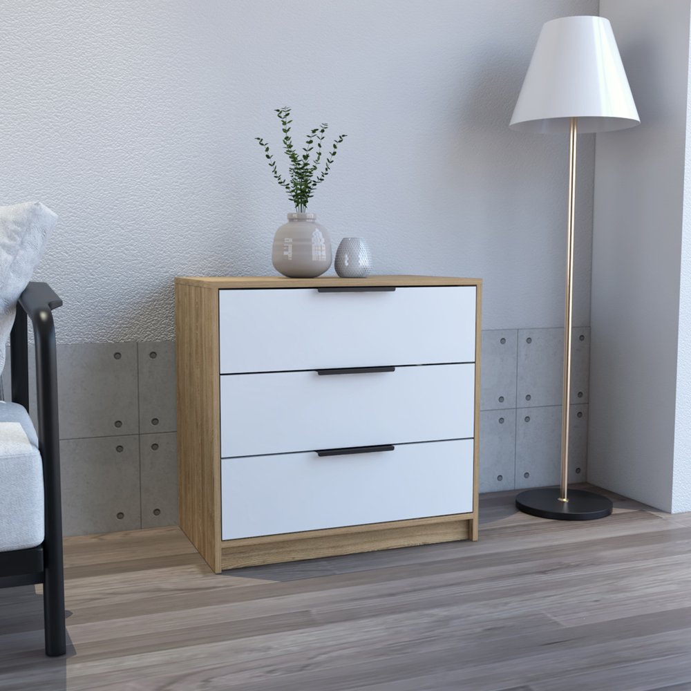 White and Natural Wood Three Drawer Dresser - 28-inch