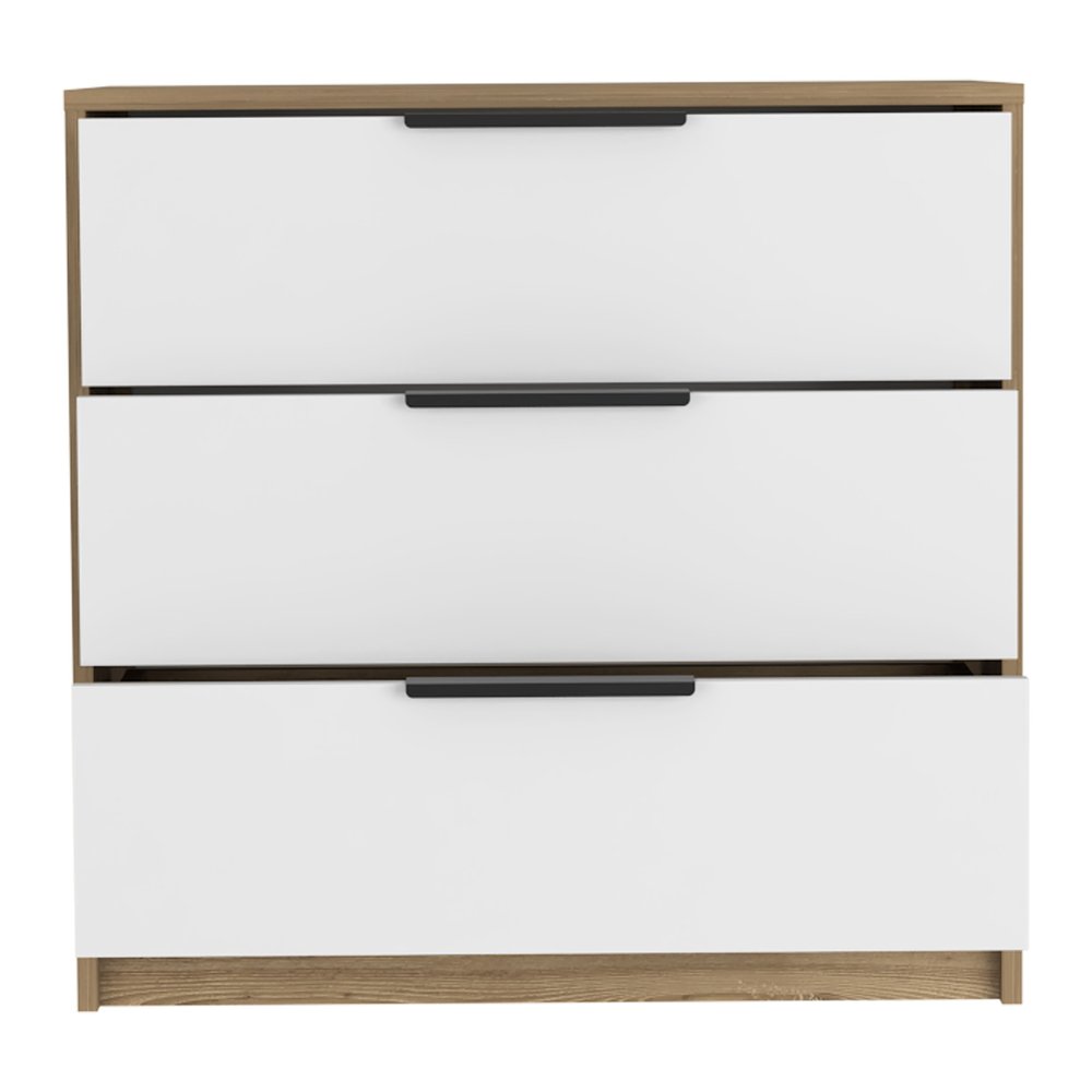 White and Natural Wood Three Drawer Dresser - 28-inch