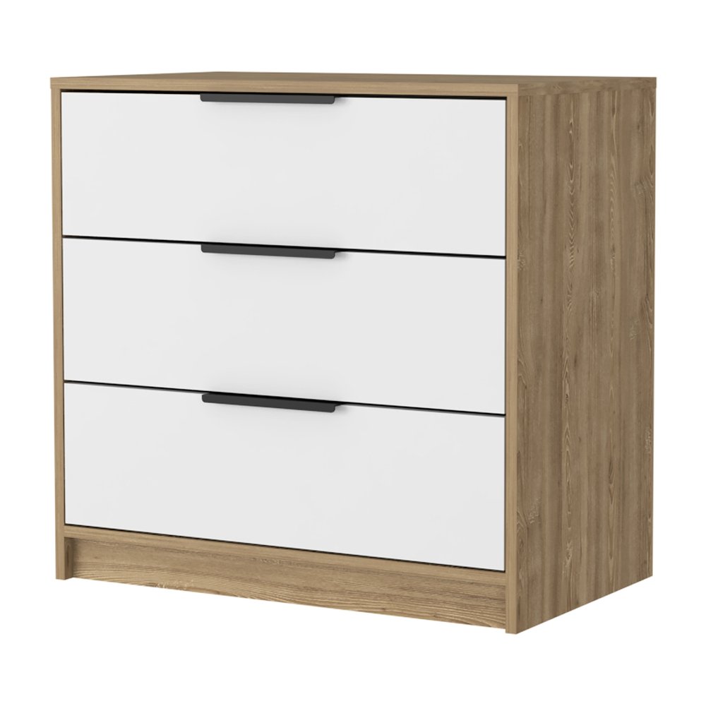 White and Natural Wood Three Drawer Dresser - 28-inch