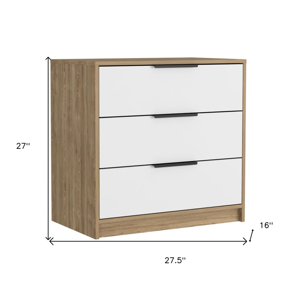 White and Natural Wood Three Drawer Dresser - 28-inch