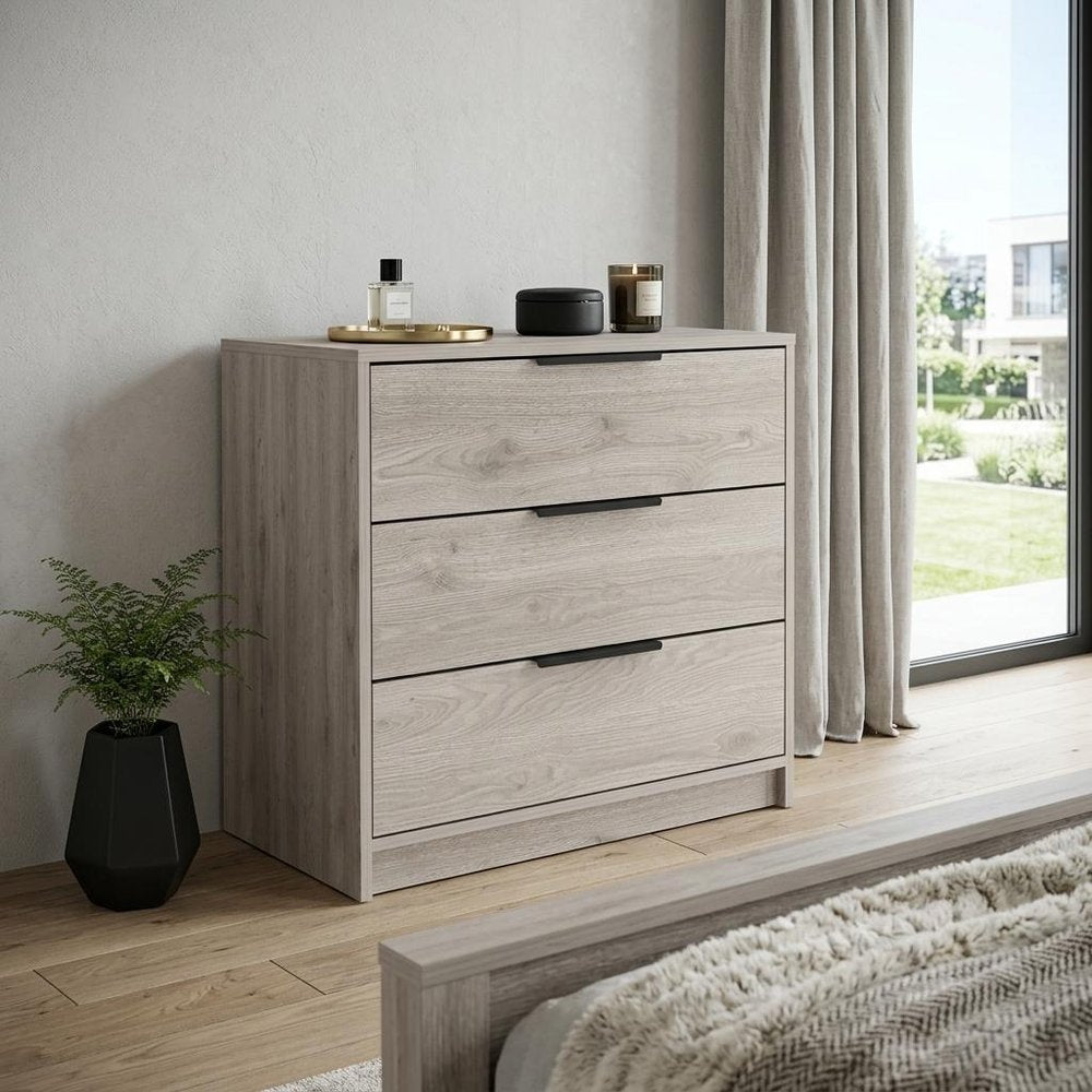 Light Gray Wood Three Drawer Dresser - 28-inch