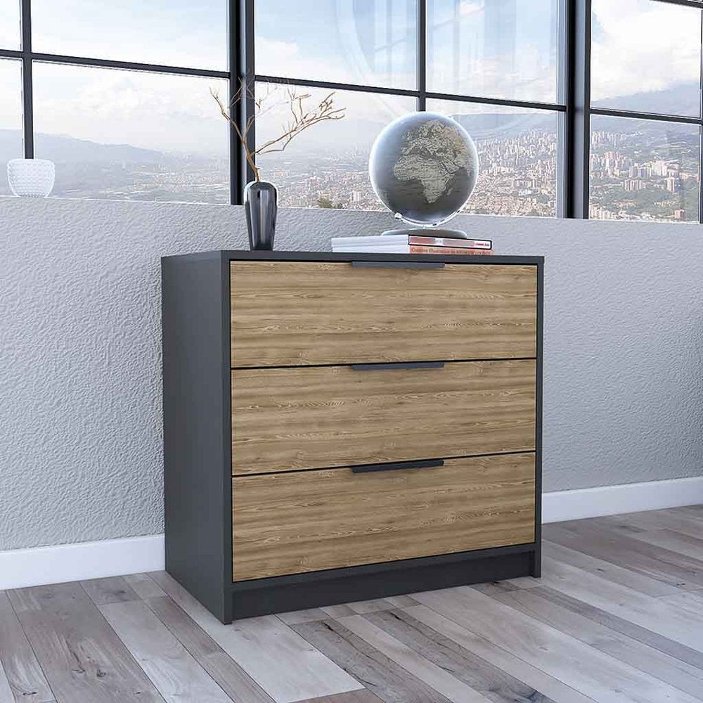 Natural and Black Wood Three Drawer Dresser - 28-inch