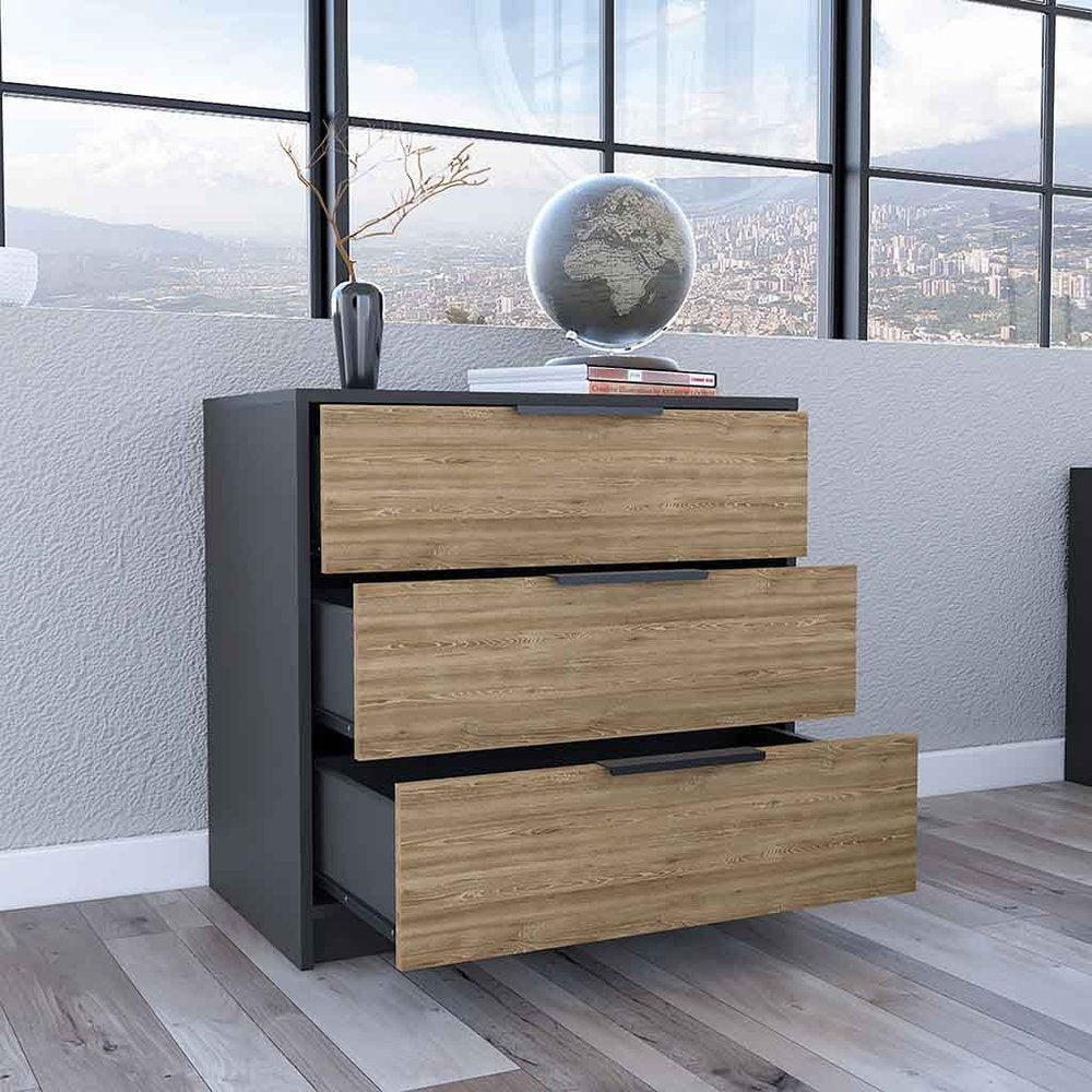 Natural and Black Wood Three Drawer Dresser - 28-inch