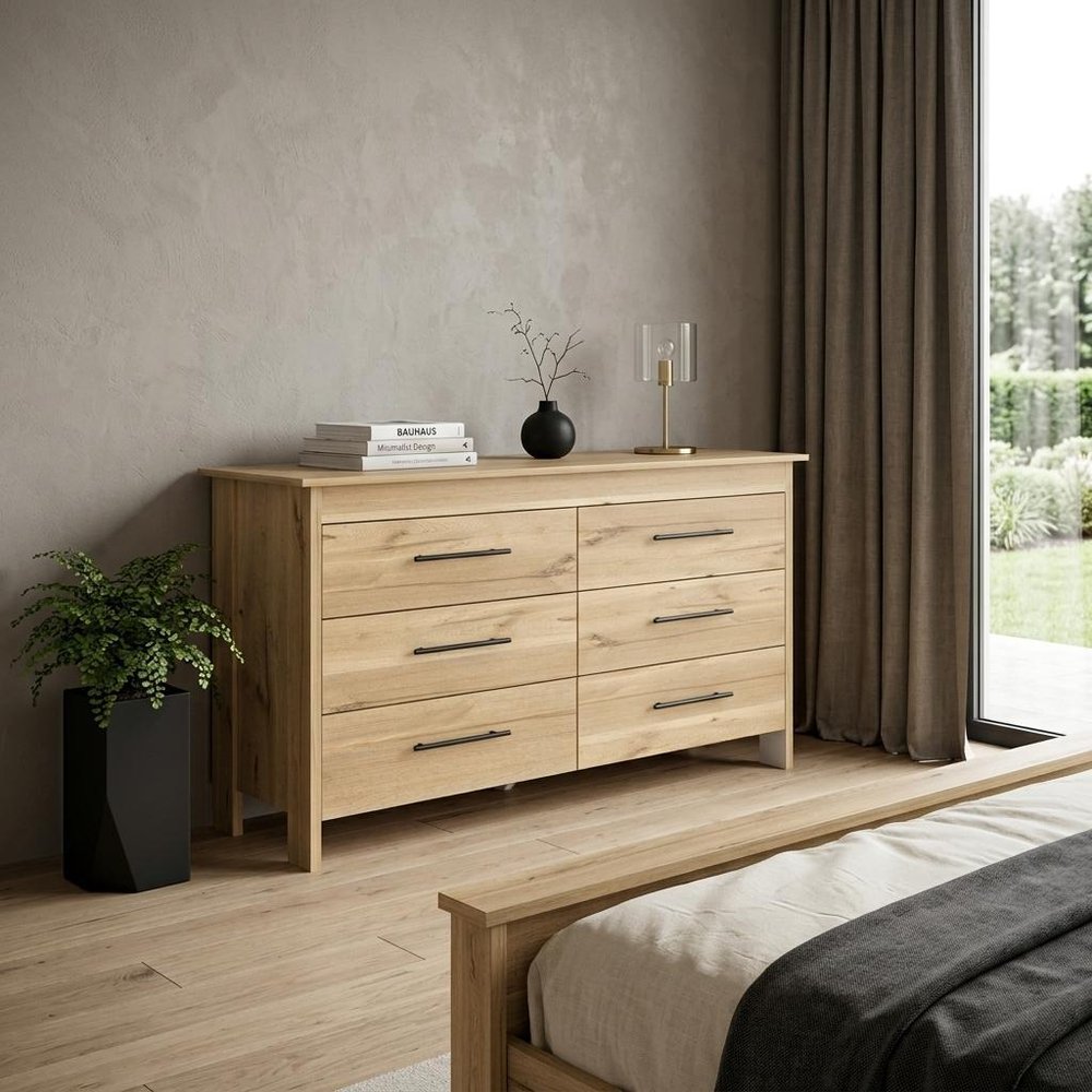 Natural Wood Six Drawer Double Dresser - 59-inch