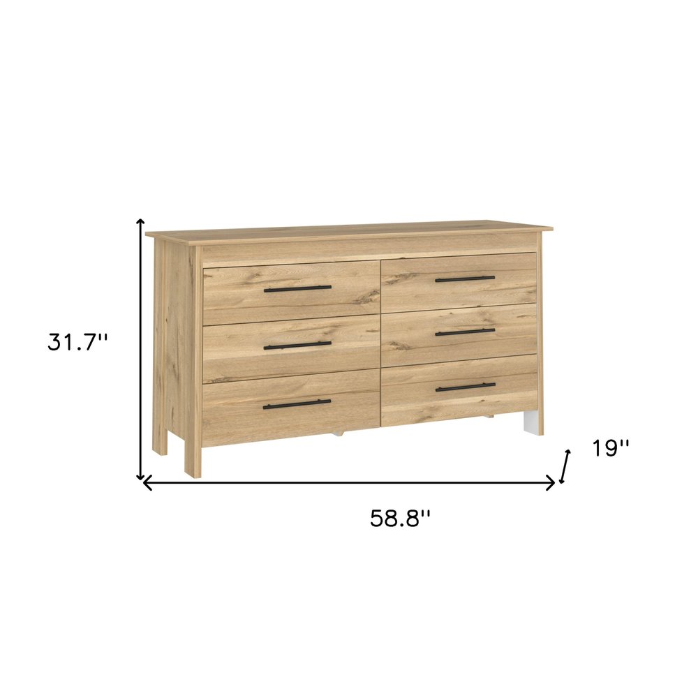 Natural Wood Six Drawer Double Dresser - 59-inch