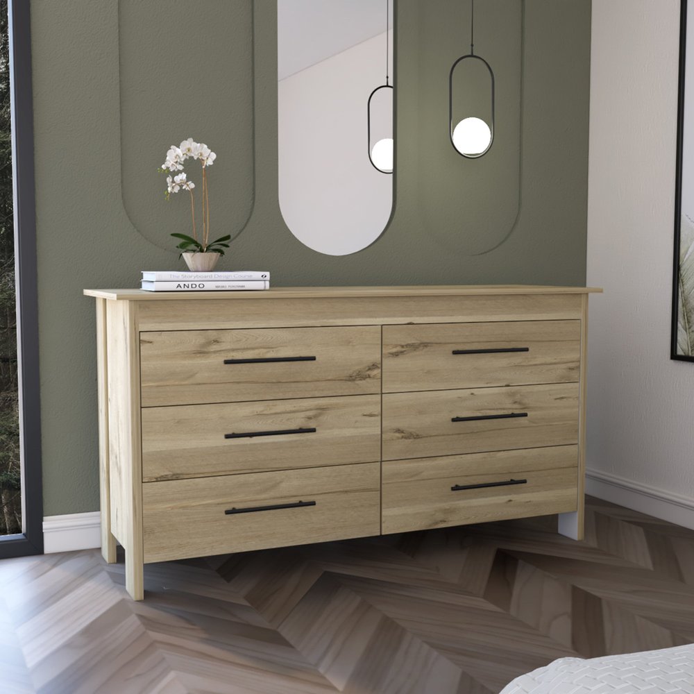 Natural Wood Six Drawer Double Dresser - 59-inch