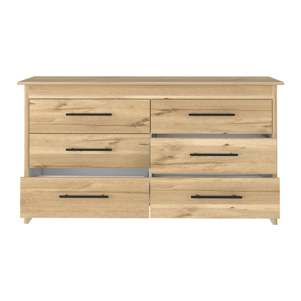 Natural Wood Six Drawer Double Dresser - 59-inch