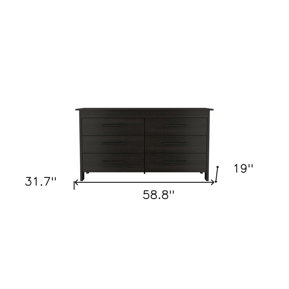 Black Wood Six Drawer Double Dresser - 59-inch