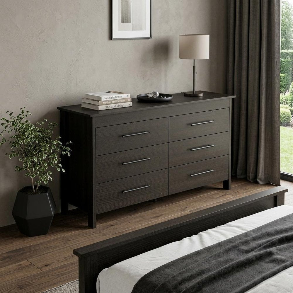 Black Wood Six Drawer Double Dresser - 59-inch