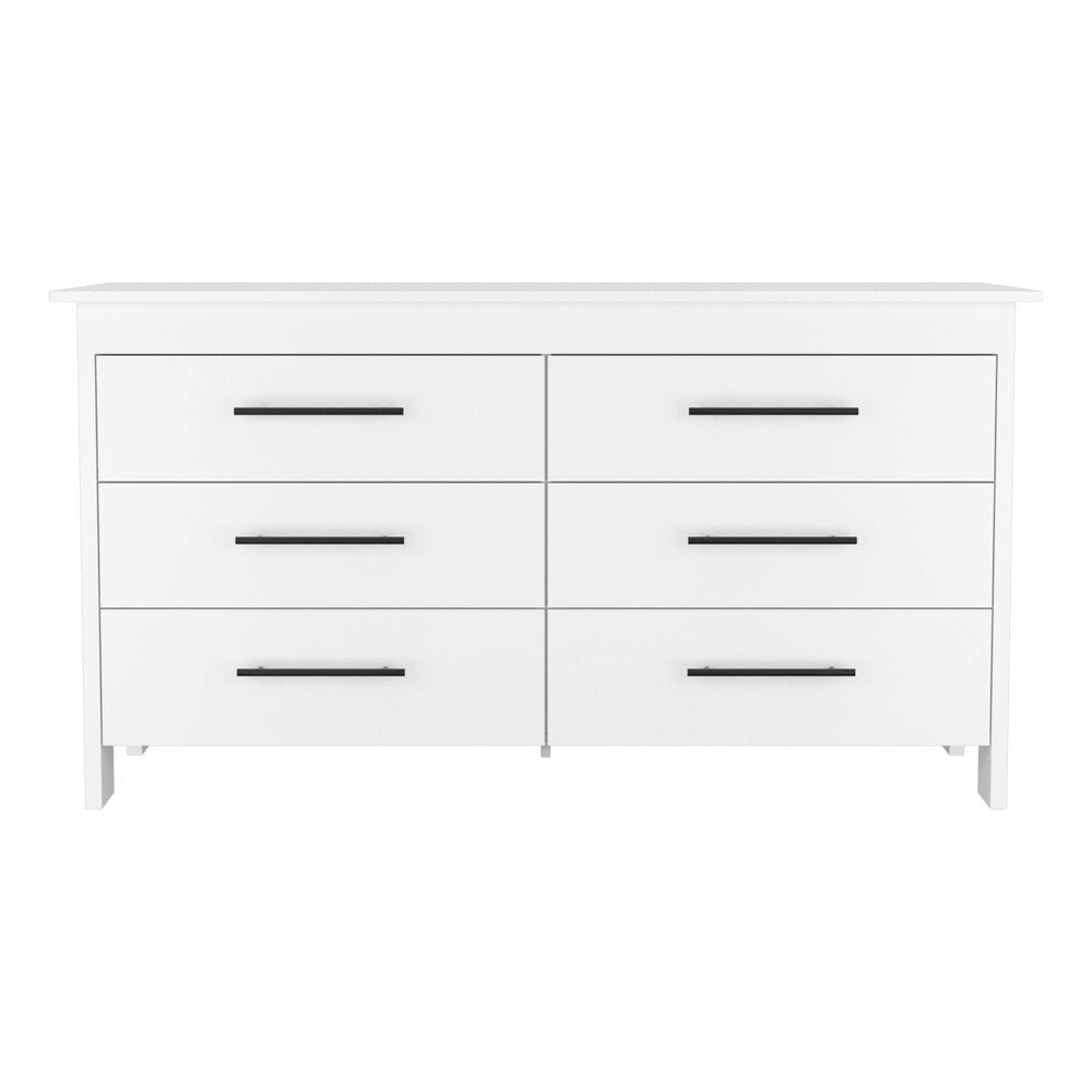 White Wood Six Drawer Double Dresser - 59-inch