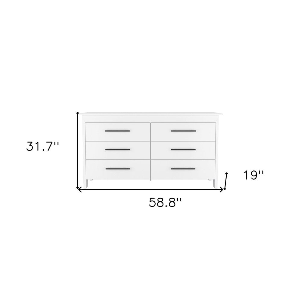 White Wood Six Drawer Double Dresser - 59-inch