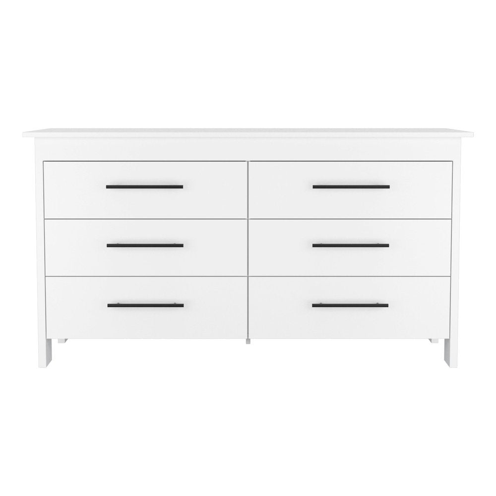 White Wood Six Drawer Double Dresser - 59-inch