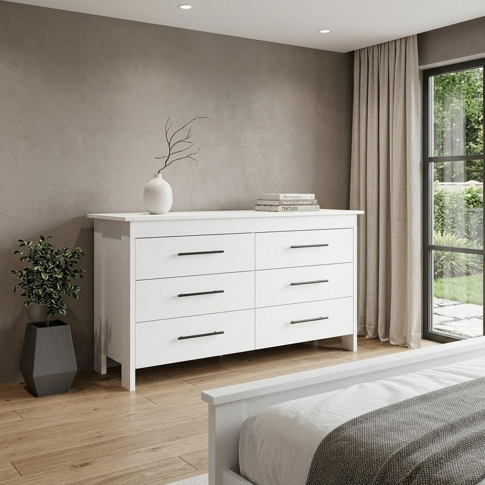 White Wood Six Drawer Double Dresser - 59-inch