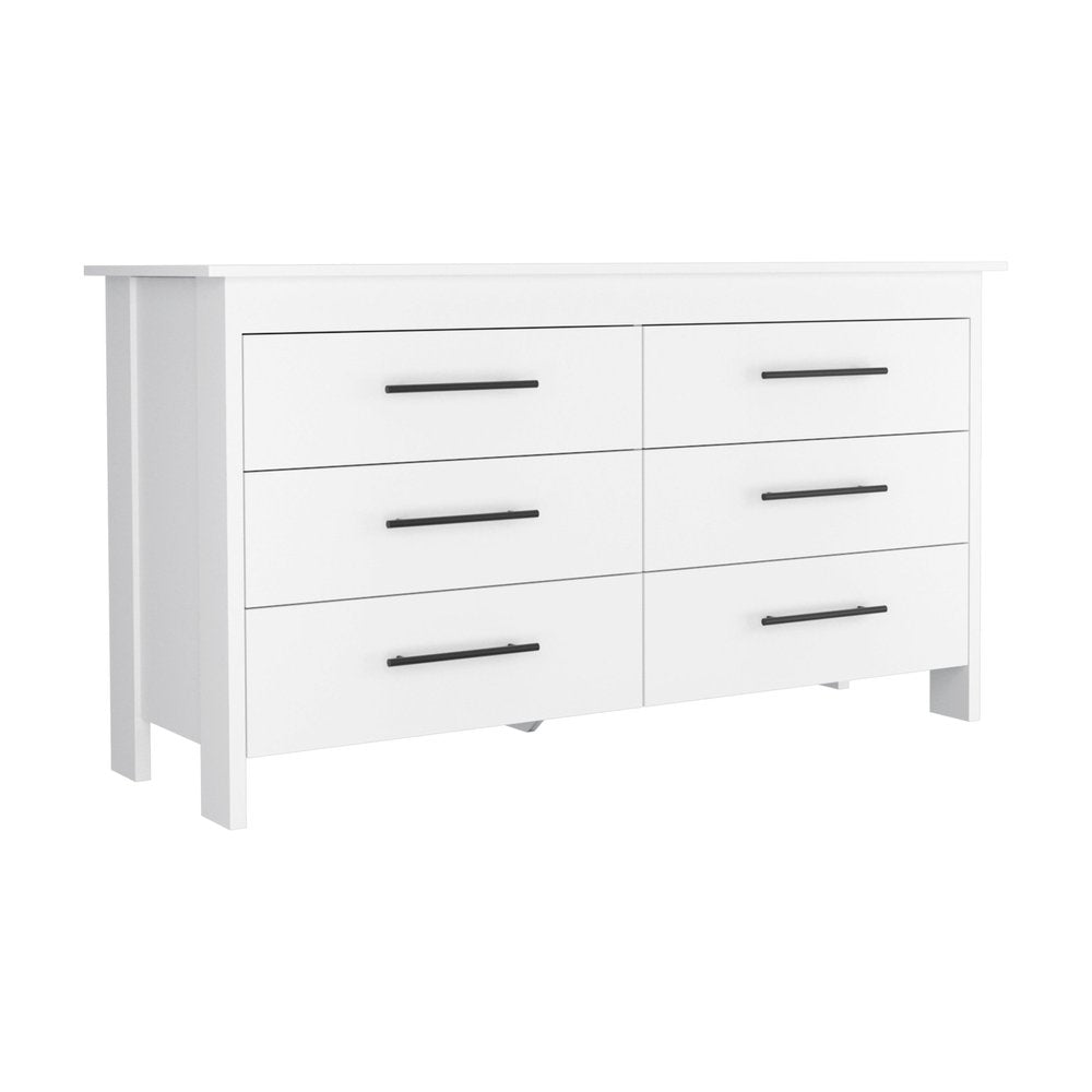 White Wood Six Drawer Double Dresser - 59-inch