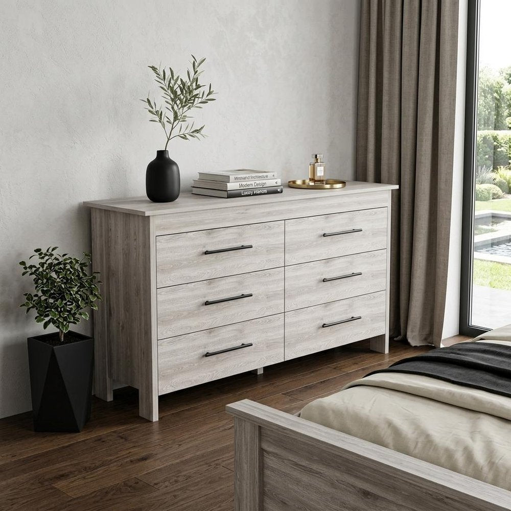 Light Gray Wood Six Drawer Double Dresser - 59-inch