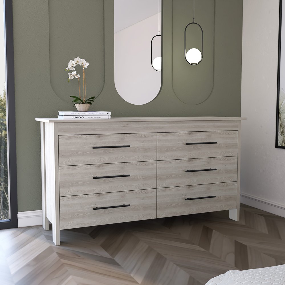 Light Gray Wood Six Drawer Double Dresser - 59-inch