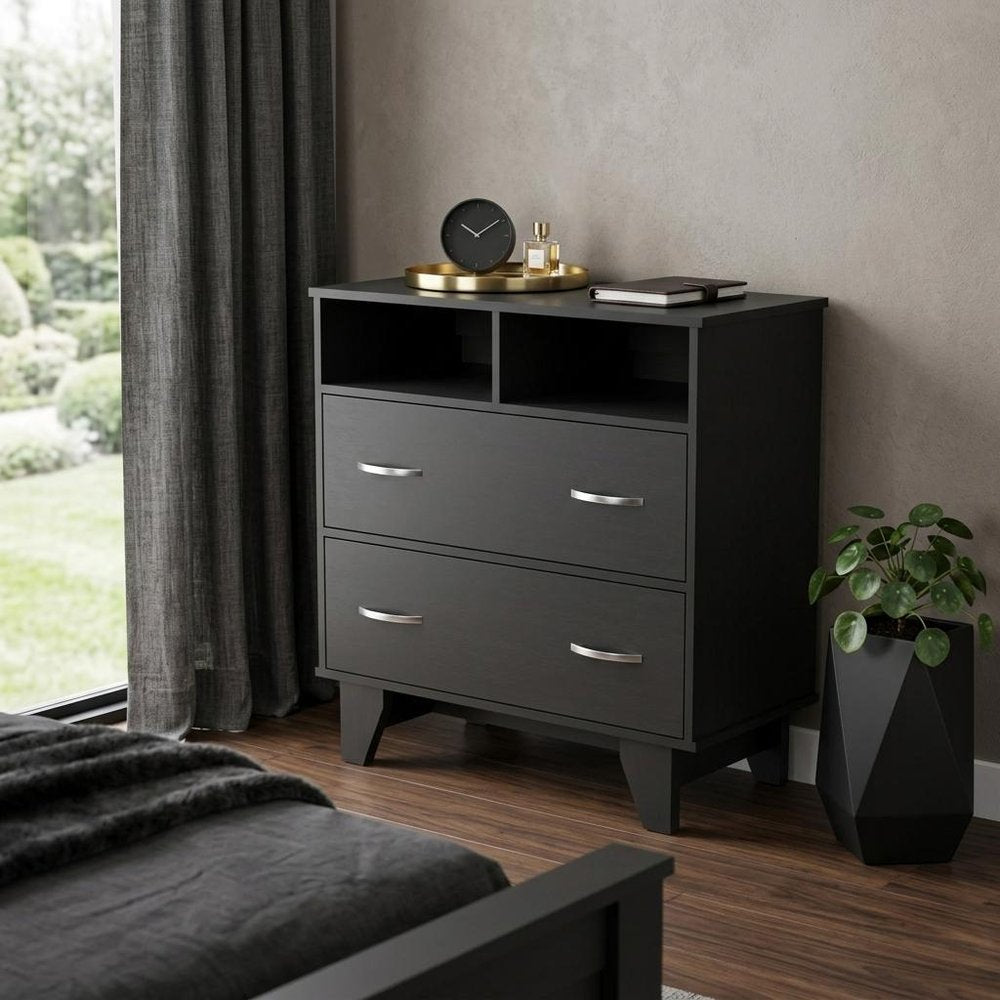 Black Wood Two Drawer Dresser - 32-inch