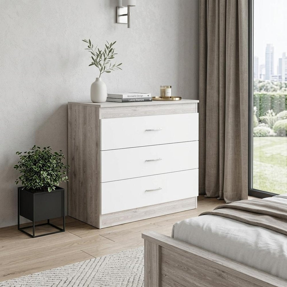 White and Gray Wood Three Drawer Dresser - 32-inch