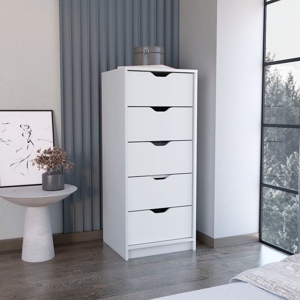 White Wood Five Drawer Dresser - 18-inch