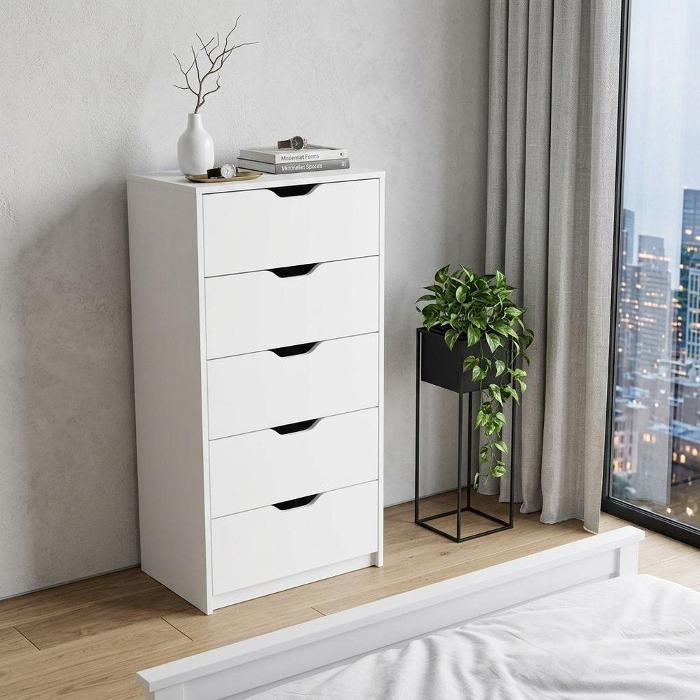 White Wood Five Drawer Dresser - 18-inch