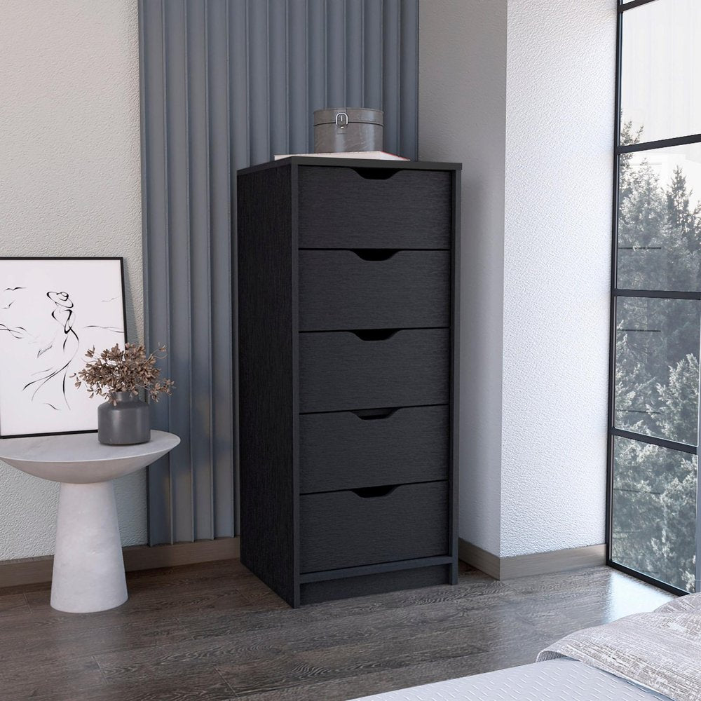 Black Wood Five Drawer Dresser - 18-inch