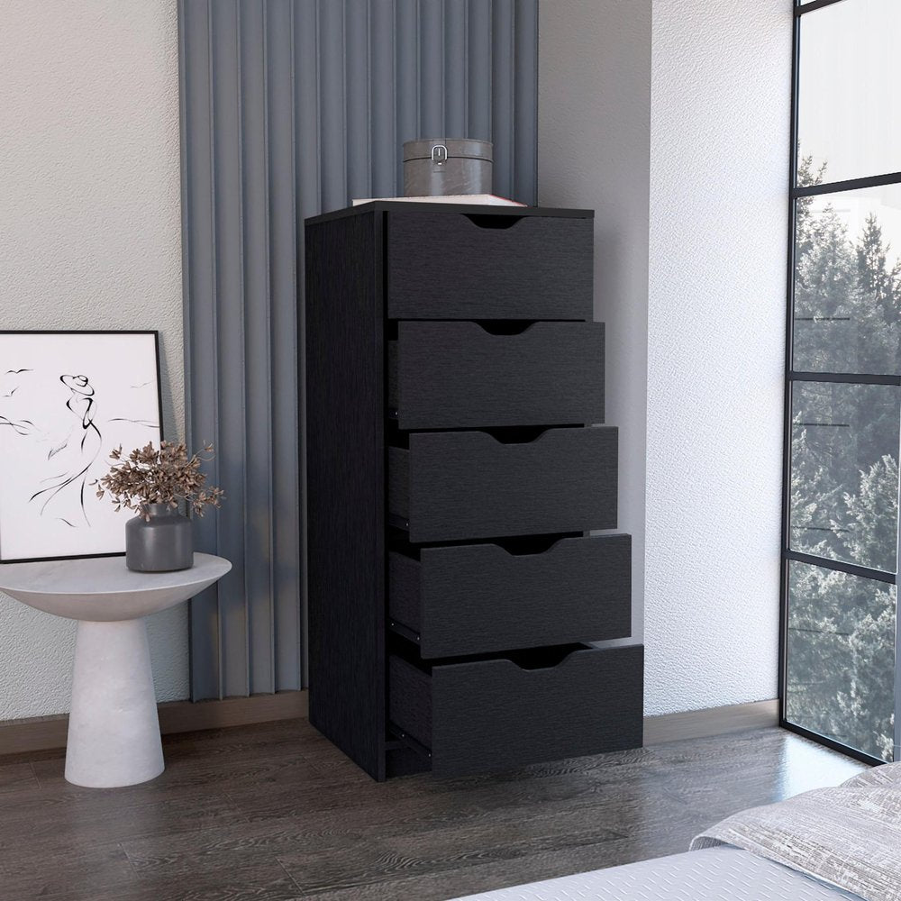 Black Wood Five Drawer Dresser - 18-inch