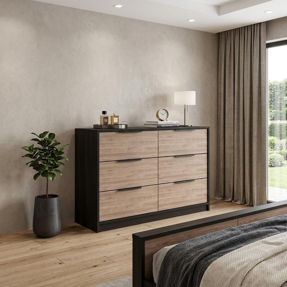 Brown and Black Wood Six Drawer Double Dresser - 42-inch