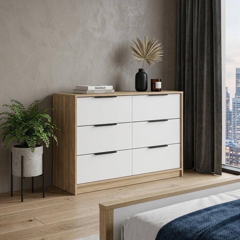 White and Natural Wood Six Drawer Double Dresser - 42-inch