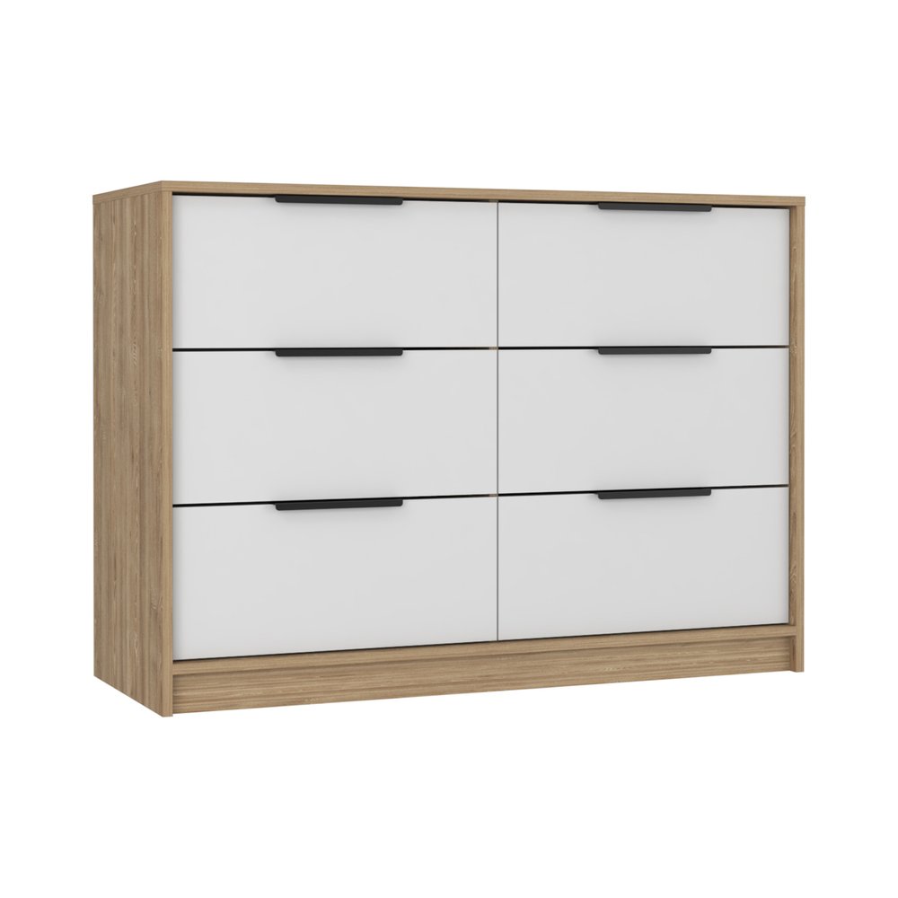 White and Natural Wood Six Drawer Double Dresser - 42-inch
