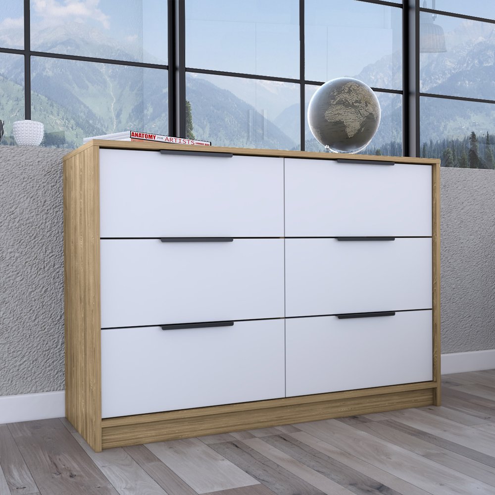 White and Natural Wood Six Drawer Double Dresser - 42-inch
