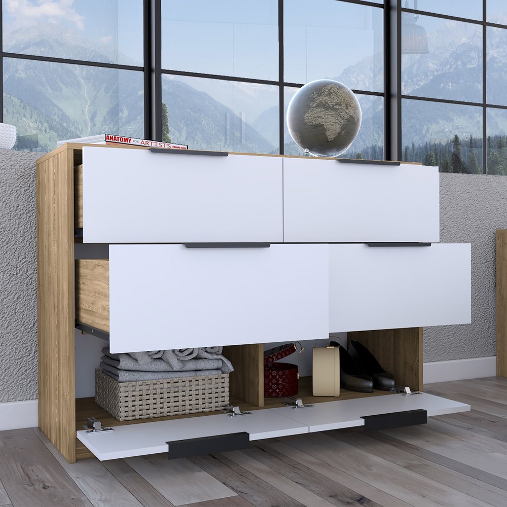 White and Natural Wood Six Drawer Double Dresser - 42-inch