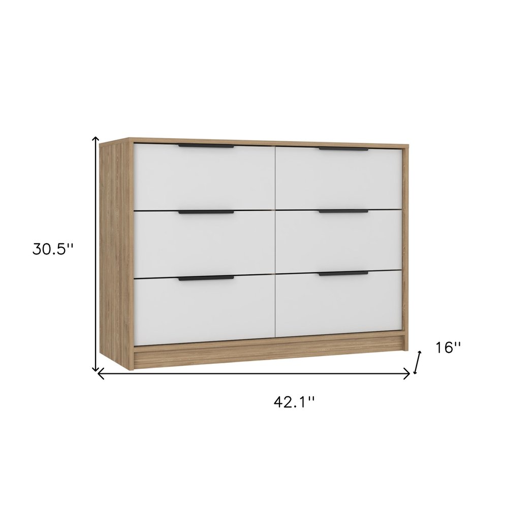 White and Natural Wood Six Drawer Double Dresser - 42-inch