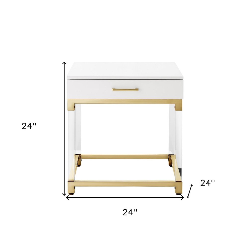 White and Gold Wood Acrylic and Stainless Steel Square End Table with Drawer