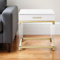 White and Gold Wood Acrylic and Stainless Steel Square End Table with Drawer