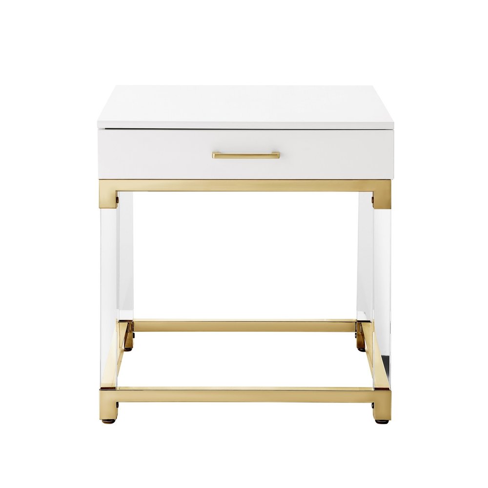 White and Gold Wood Acrylic and Stainless Steel Square End Table with Drawer