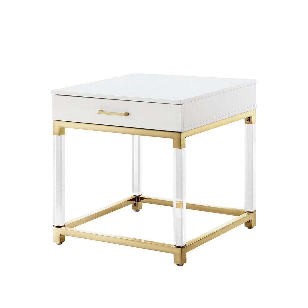 White and Gold Wood Acrylic and Stainless Steel Square End Table with Drawer