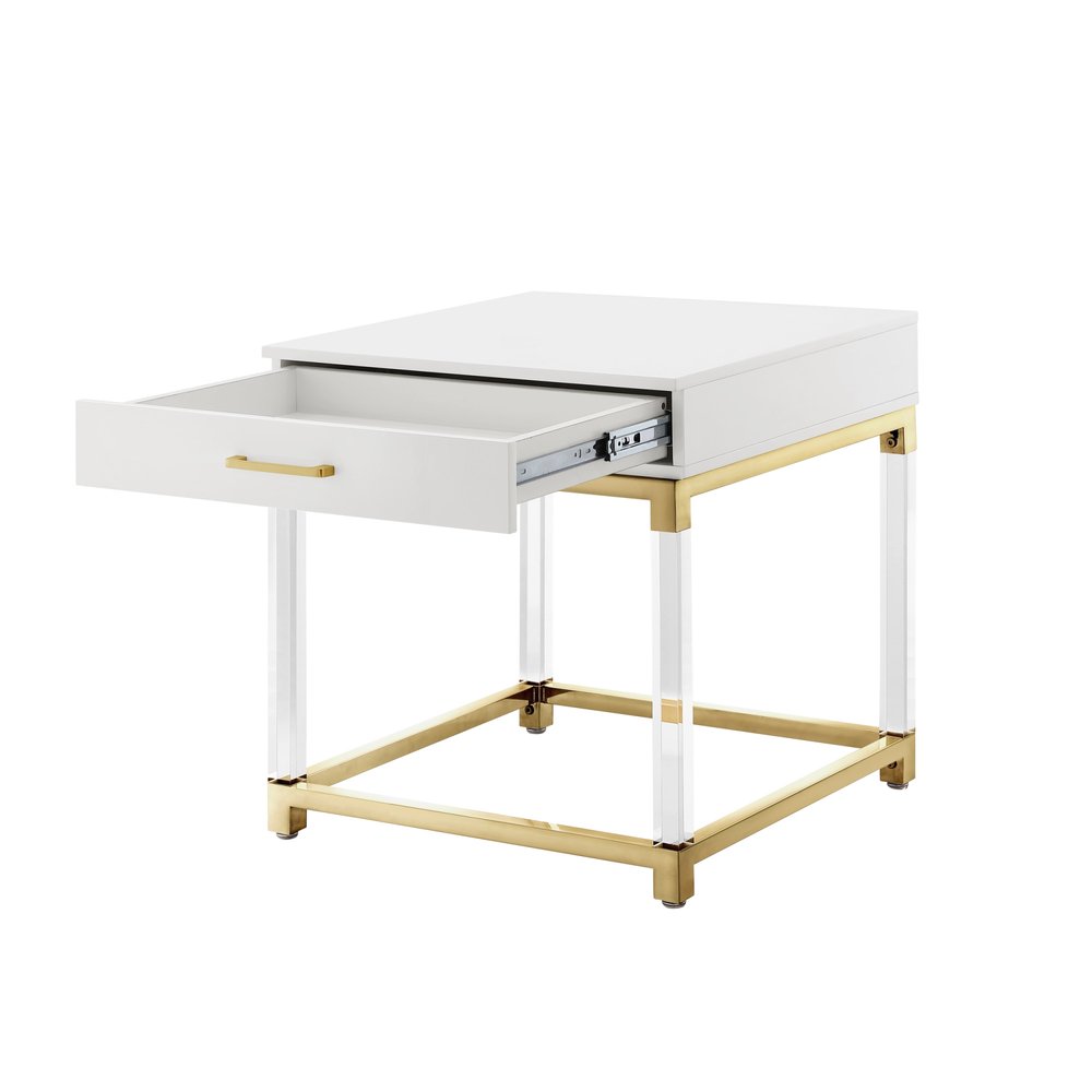 White and Gold Wood Acrylic and Stainless Steel Square End Table with Drawer