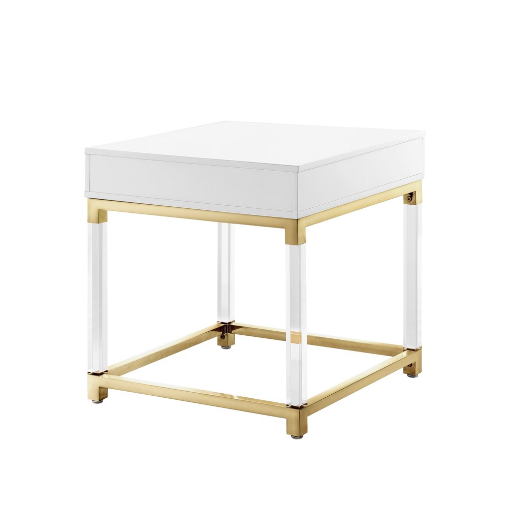 White and Gold Wood Acrylic and Stainless Steel Square End Table with Drawer